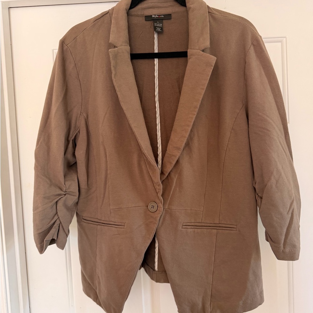 Style & Co. Taupe Single-Button Relaxed Cotton Blazer w/ Ruched Arms Size L